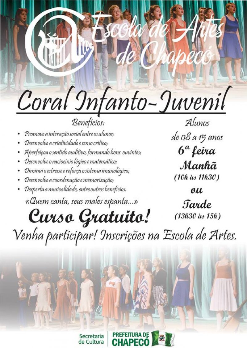 Escola de Artes de Chapecó está com vagas disponíveis no curso de Coral Infanto Juvenil
