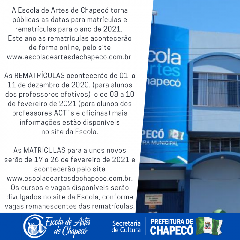 Escola de Artes de Chapecó abre rematrículas para o ano de 2021