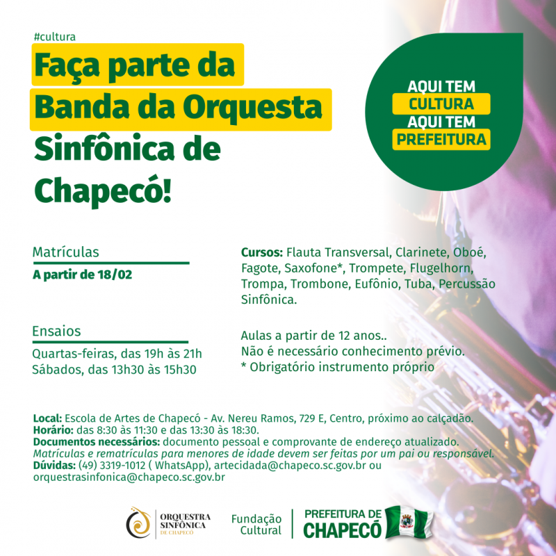 Orquestra Sinfônica de Chapecó abre inscrições para a Banda Sinfônica